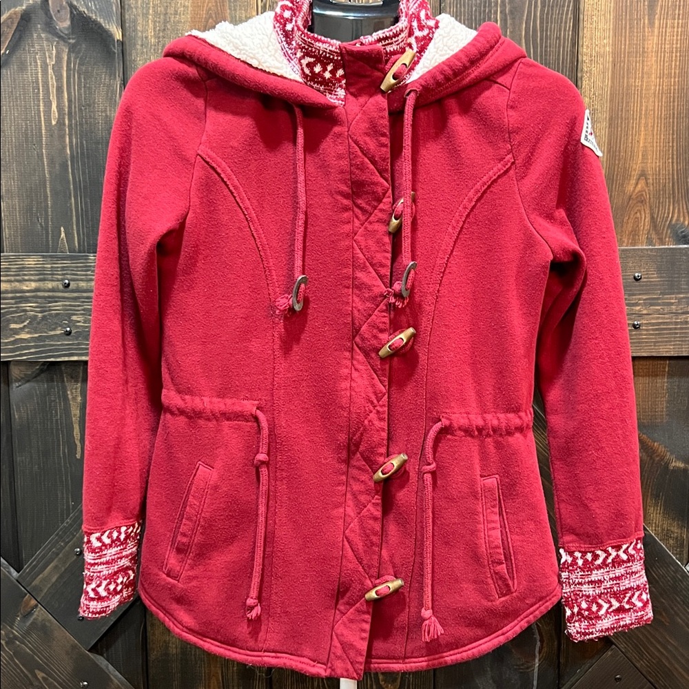 Hollister Y2K Fair Isle Toggle Coat Size M Jacket Burgundy Red‎ Faux Fur Hooded